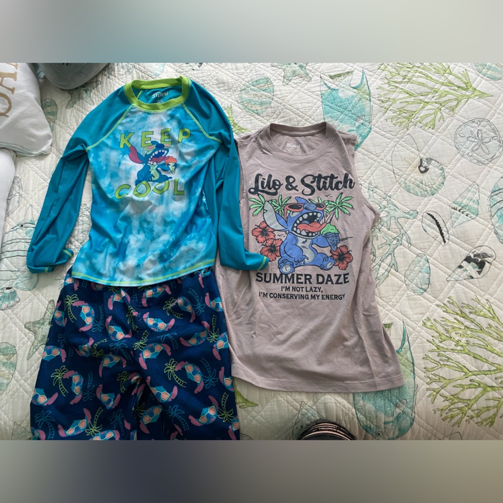 Kids size L 10-12 Lilo & Stitch swim trunks rash guard and tank set